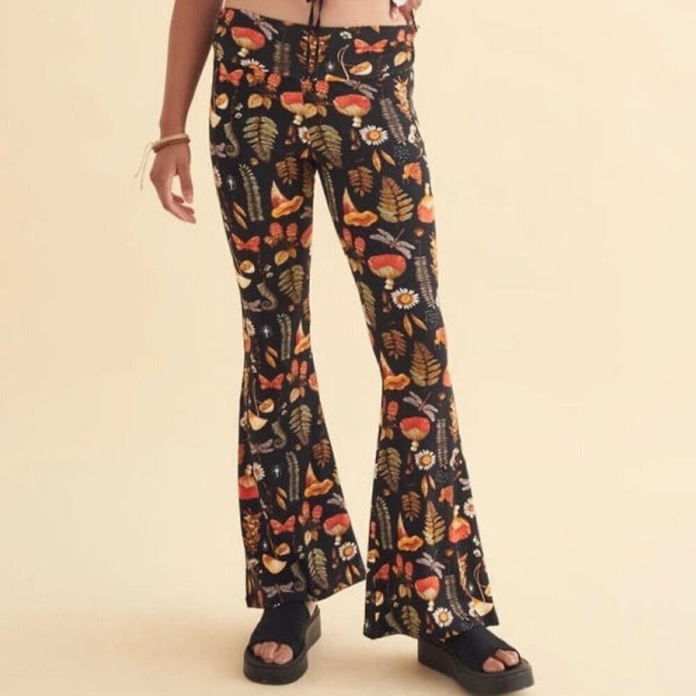 Earthbound Woodland Mushroom Flare Pants XL Wide Leg Pull On High Funky Hippie